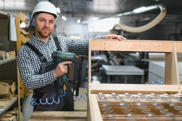 Koltuk çerçevesi monte etmek için elektrikli alet kullanan bir mobilya fabrikasında çalışan bir işçi. Modern üretim teknikleri ve zanaatkarlık iş başında
