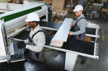 Kanepeler için ahşap parçalar üreten, takım çalışması ve modern üretim süreçlerini sergileyen iki fabrika işçisi.