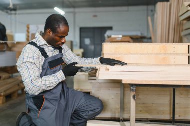 Kalite güvencesi için ahşap tahtaları inceleyen marangoz, mobilya üretim sürecinde yüksek standartları güvence altına alıyor.