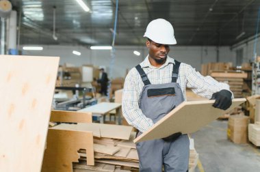 Becerikli marangoz ahşap paneli dikkatle inceliyor, hareketli bir fabrika ortamında mobilya üretiminin kalitesini sağlıyor.