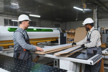 İki marangoz, bir mobilya fabrikasının yanında ahşap tahtalarla uğraşıyorlar. Takım çalışması ve marangozluk.