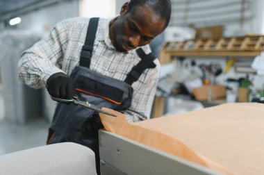 Marangoz bir mobilya fabrikasında kumaşı makasla ustalıkla kesiyor, kaliteli döşeme işçiliğine ve hassasiyete odaklanıyor