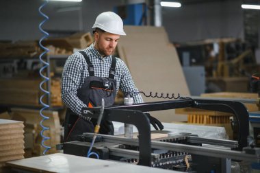 Becerikli bir marangoz, hareketli bir mobilya fabrikasında kanepe üretimi için ahşap parçalar üretiyor.