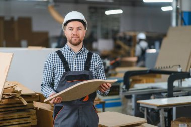 Marangoz güvenlik kaskı takıyor ve mobilya fabrikasında işlenmiş odunları tutuyor.