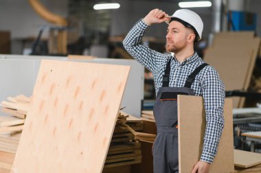 Marangoz tulum giyip kaskına dokunurken mobilya fabrikasında tahta bir tahta tutuyor.