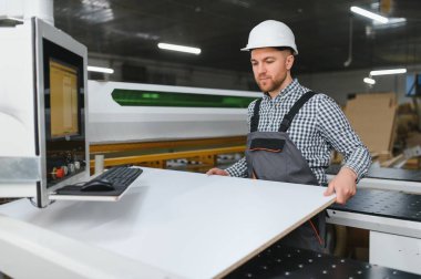 Marangoz, bir mobilya fabrikasında güvenlik kaskı takıyor ve elinde ahşap bir panel tutuyor.