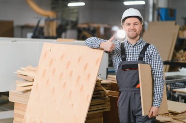 Marangoz, ahşap ve makinelerle çevrili bir mobilya fabrikasında kontrplak tutarken baş parmağını kaldırıyor.