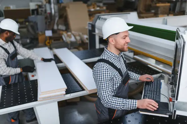 İki marangoz mobilya üreten bir mobilya fabrikasında ahşap ve bilgisayar sayısal kontrol makinesiyle çalışıyor.