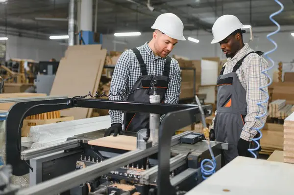 İki marangoz bir mobilya fabrikasında cnc makinesi çalıştırıyor, kanepeler için ahşap parçalar üretiyor.