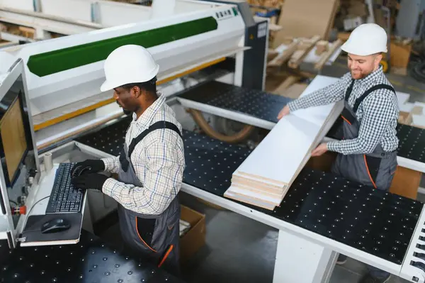 Bir mobilya fabrikasında mobilya üretimi için ahşap paneller kesen bir makineyle çalışan iki marangoz.