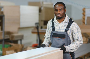 Kendine güvenen marangoz bir mobilya fabrikasında ahşap kalas taşıyor, el işi ve endüstriyel üretim yapıyor.