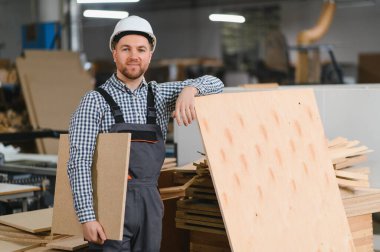 Marangoz güvenlik kaskı takıyor ve ahşap tahtalar tutuyor. Mobilya fabrikasındaki kontrplak yığınına yaslanıyor.