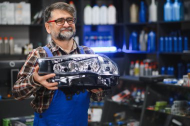 Tamirci oto yedek parça mağazasında yeni bir far gösteriyor, araba tamiratı ve bakımı için yardım ve uzmanlık sunuyor