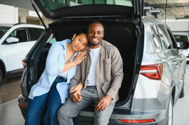 Mutlu Afro-Amerikan çifti arabalarının bagajında oturmuş galerideki yeni ciplerini seçiyorlar.