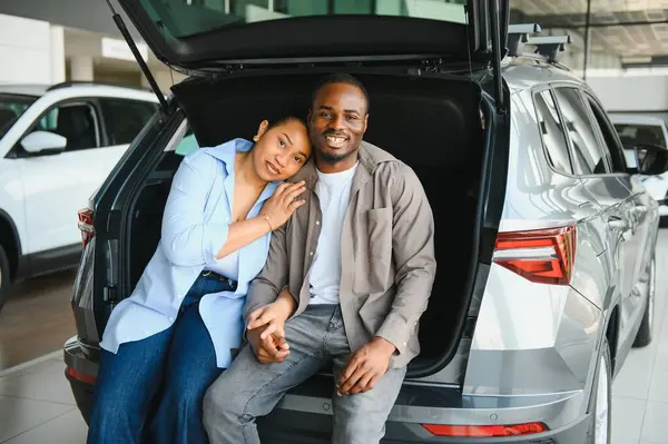 Mutlu Afro-Amerikan çifti arabalarının bagajında oturmuş galerideki yeni ciplerini seçiyorlar.