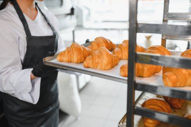 Fırıncı siyah eldiven takıyor. Taze pişmiş altın rengi kruvasanları ticari fırının metal soğutma rafına koyuyor.
