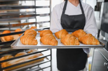 Profesyonel bir fırıncı, bir tepsi mükemmel kahverengi kruvasan sunuyor, sanatını ve kendini pişirme sanatını sergiliyor.