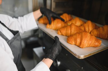 Fırıncı siyah eldiven giyip profesyonel bir fırından taze pişmiş altın rengi kruvasan alıyor.