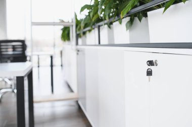 Anahtarlar, fabrikalarla dekore edilmiş, çalışma alanındaki güvenlik ve organizasyonu temsil eden modern bir ofisteki beyaz bir dolabın kilidinde asılı.