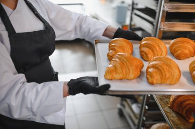 Elinde bir tepsi altın rengi kruvasan tutan siyah eldivenli profesyonel fırıncı, bir fırında pişirmenin sonucunu gözler önüne seriyor.