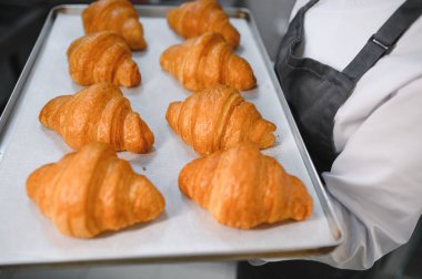 Baker, mükemmel bir altın rengi kruvasan tepsisi sunuyor. Sanatçılık ve pişirmenin hassasiyetini gözler önüne seriyor.