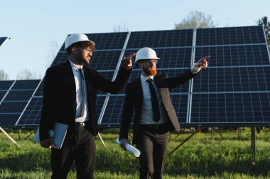 Güneş çiftliğindeki güneş panellerine yürüyen ve işaret eden iki mühendis yenilenebilir enerjiyi tartışıyorlar.