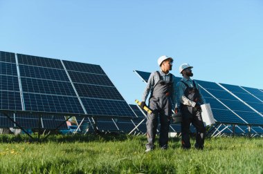 İki mühendis, yenilenebilir enerji ve sürdürülebilirliği temsil eden açık mavi gökyüzü ile yeşil bir alana araçlar ve güneş panelleri kuruyor.