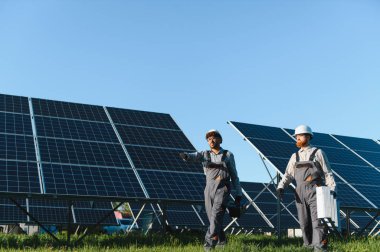 Güneş panellerini kurmak veya onarmak için birlikte çalışan iki teknisyen, açık mavi gökyüzü altında takım çalışması ve yenilenebilir enerji çözümleri sergiliyor
