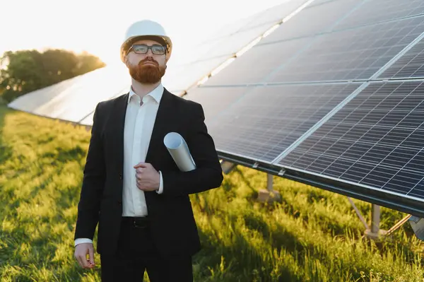 Gün batımında bir güneş paneli çiftliğini inceleyen kendine güvenen yatırımcı, daha yeşil bir gelecek için sürdürülebilir enerji çözümlerini kucaklıyor