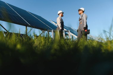 İki mühendis yeşil çimenli büyük bir alanda fotovoltaik panellerin montajı veya onarımını tartışıyor.