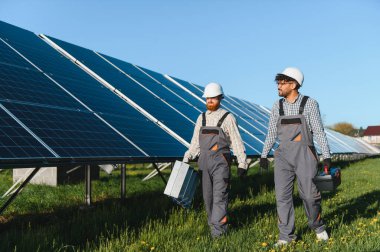 Güneşli bir günde güneş paneli çiftliğinde yürüyen ve aletleri taşıyan iki mühendis, bakım ve onarım işlerini yapıyorlar.