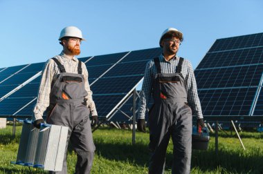 Güneş paneli çiftliğinde yürüyen iki mühendis araçlar ve bir merdiven taşıyarak güneşli bir günde bakım ve onarım işi yapıyorlar.