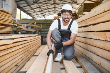Marangoz güvenlik kaskı ve eldiven takıyor. Kaliteli malzemelerle dolu bir kereste deposunda ahşap kalasları dikkatle inceliyor.