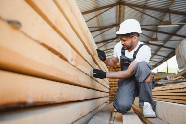 Marangoz kereste deposundaki tahta tahtaları kontrol ediyor. Kereste üretiminde kalite kontrolü sağlıyor.