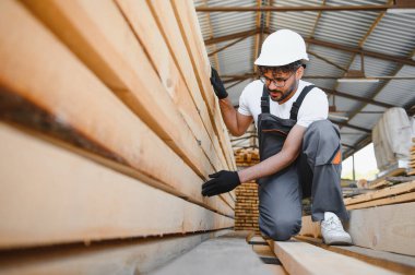 Marangoz kaskı ve eldiven takıyor kereste deposundaki ahşap tahtaların kalitesini inceliyor.