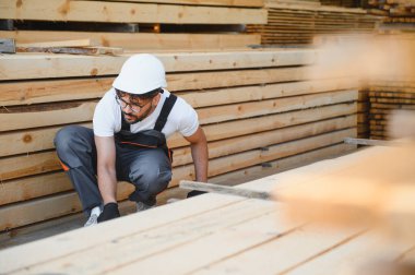 Marangoz koruyucu giysiler giyer, kereste deposundaki ahşap kalasları inceler ve kereste endüstrisinde kalite kontrolü sağlar.