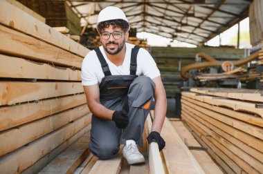 Genç marangoz kereste deposundaki tahtaları kontrol ediyor, güvenlik kaskı ve eldiven takıyor, kereste üretiminde kalite kontrolü sağlıyor.