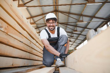 Gülümseyen marangozlar iş tulumu giyip kereste deposundaki ahşap kalasları denetliyor.
