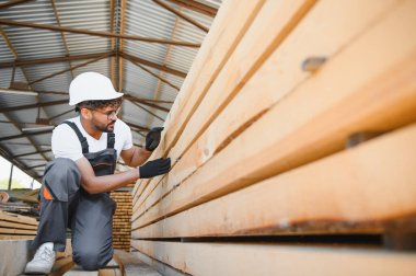 Marangoz kereste deposundaki tahta tahtaları kontrol ederek inşaat ve ahşap işçiliği projeleri için kalite sağlıyor.