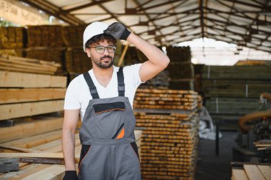 Genç marangoz, ahşap destelerle çevrili bir kereste deposunda çalışırken eldivenini ayarlıyor. Bu da güvenlik ve profesyonelliği gösteriyor.