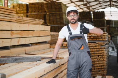 Güvenilir marangoz ambardaki kereste yığınlarının yanında dikilirken, ahşap kalitesinden tatmin olduğunu belirterek işaret ediyor.