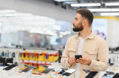 Sakallı adam, elektronik mağazasında alışveriş yaparken modern akıllı telefonları karşılaştırıyor ve satın alma kararı veriyor.