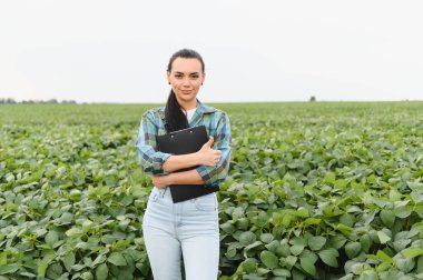 Kadın çiftçi, elinde bir pano tutarak, modern tarımı ve sürdürülebilir tarım uygulamalarını sembolize ederek, uçsuz bucaksız bir soya tarlasında duruyor.