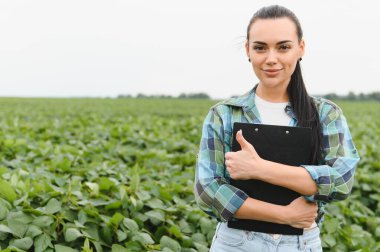 Agronomist bir pano tutuyor ve soya fasulyesi tarlasında dikilirken işaret ediyor, bu da ürün sağlığı ve gelişimi hakkında olumlu bir değerlendirmeyi gösteriyor.