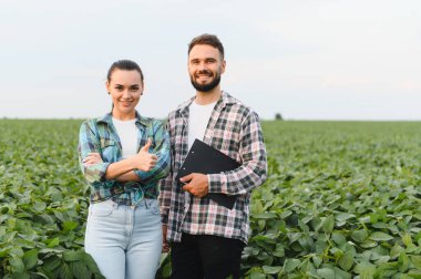İki ziraatçi soya fasulyesi tarlasında ellerinde bir pano ile dikiliyorlar ve ekinlerinin büyümesinden memnuniyetlerini dile getiriyorlar.