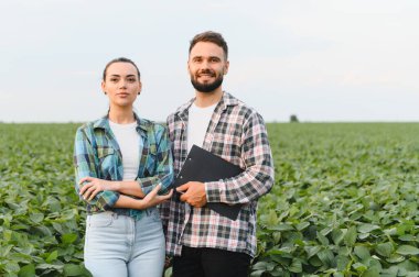 İki çiftçi soya fasulyesi tarlasında ellerinde bir pano tutuyorlar ve ekinlerinin büyümesini inceliyorlar.