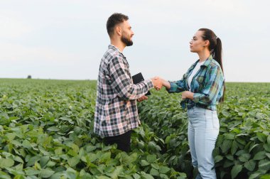 Soya tarlasında tokalaşan iki çiftçi, tarım endüstrisinde başarılı bir iş anlaşmasını kutluyorlar.