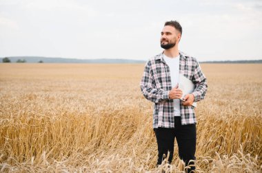 Buğday tarlasında dizüstü bilgisayar tutan, başka yere bakan, hasat planlayan ve tarım alanında modern teknolojileri kullanan çiftçi.