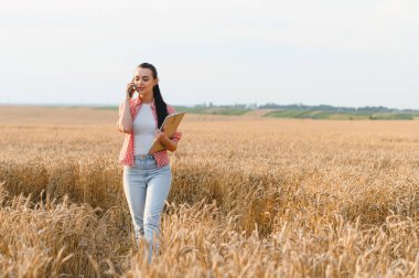 Kadın çiftçi cep telefonu kullanıyor ve elinde tabletle altın buğday tarlasında yürürken tarımsal işlerini yönetiyor.