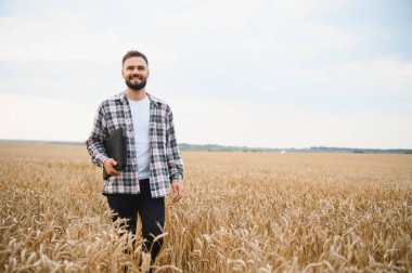 Canlı bir buğday tarlasında yürüyen mutlu çiftçi, bir dizüstü bilgisayar tutuyor ve modern tarım teknolojisini kucaklarken neşeyle gülümsüyor.
